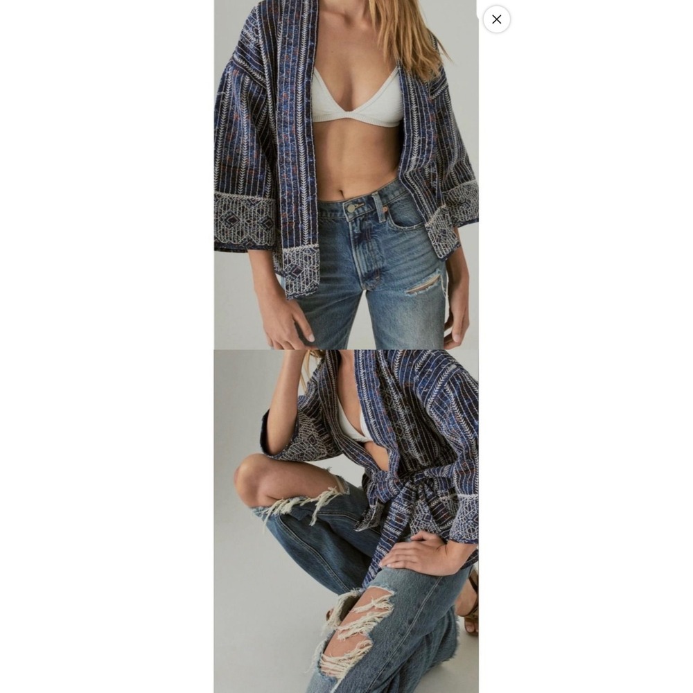 Lucky Brand Kimono Wrap Jacket M/L Blue Indigo Embroidered Boho Cotton NWT